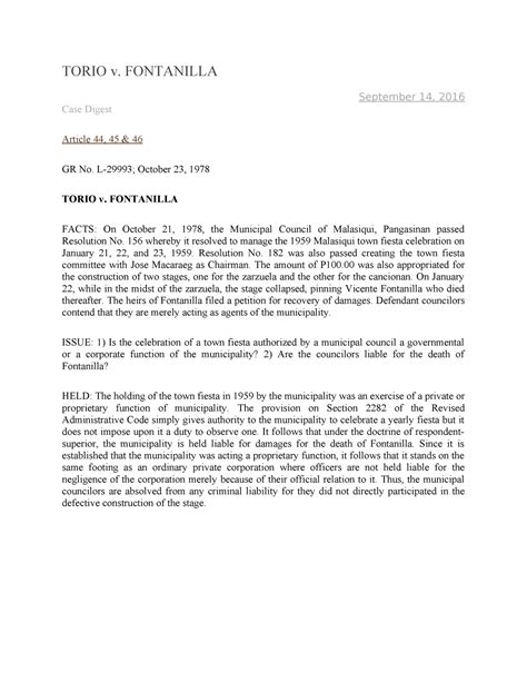torio v fontanilla|Case Digest: LAUDENCIO TORIO v. FONTANILLA .